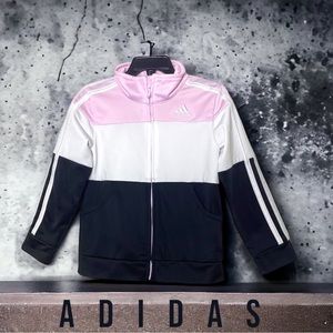 Adidas black/white/pink zip jacket with hand pockets.